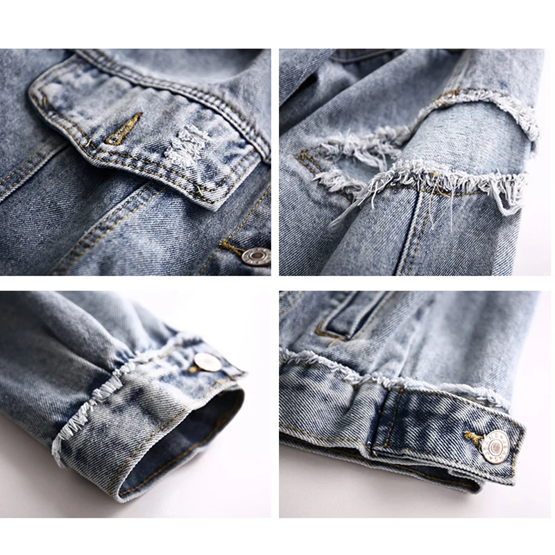 

2021 Spring Autumn Korean Style Hole Denim Jacket Women Casual Single-Breasted Oversize Long Sleeve Jeans Coat Female Clothes