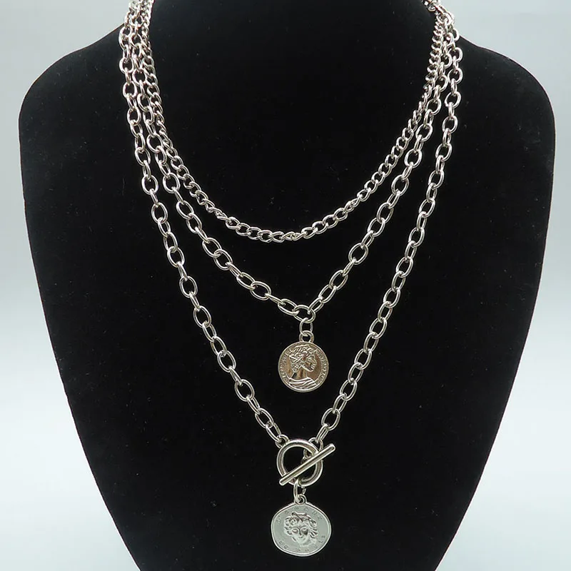 

Punk Gothic Women's Neck Pendants Necklace 3 Layered Men's Chain Jewelry Silver Color Body Decorations Accessories Wholesale