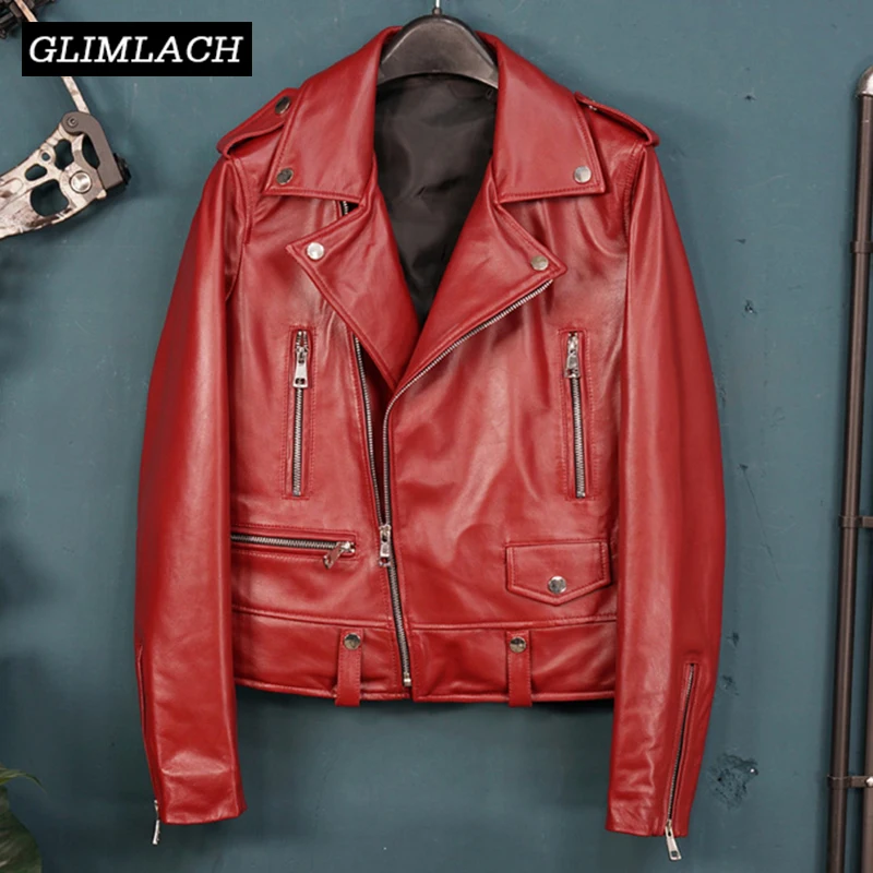 Women Plus Size Sheepskin Genuine Leather Jackets Wine Red Slim Motorcycle Biker Jacket Ladies Real Leather Coats Chaqueta Mujer