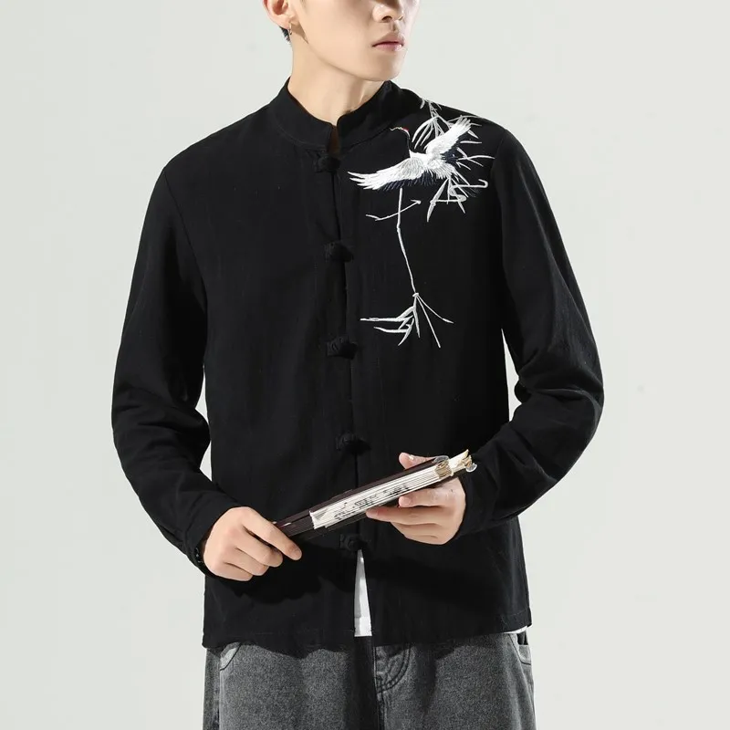 

Autumn linen long sleeve shirt Chinese Style Men's embroidered tops Coil button jacket Chinese Tang costume cotton linen coat