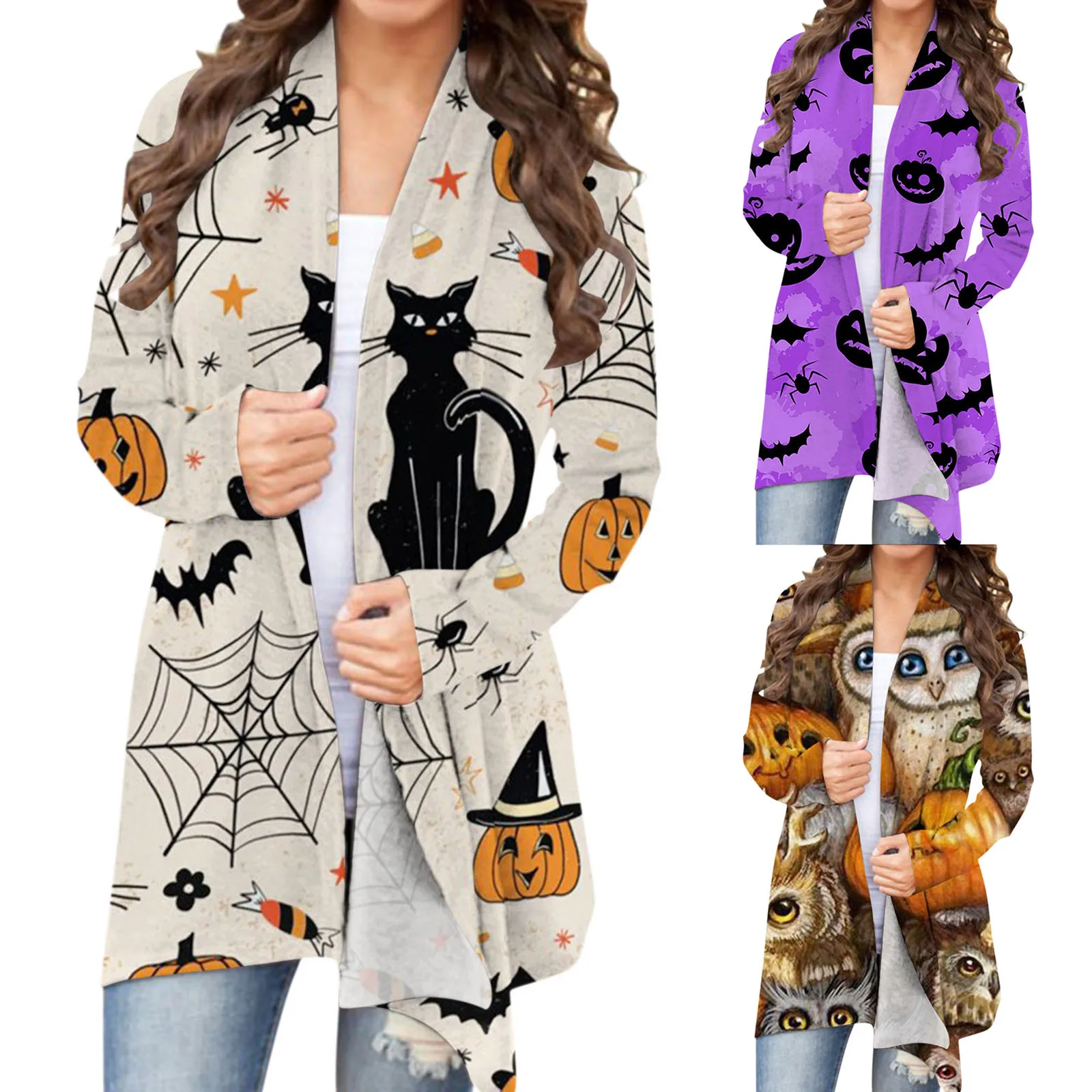 

Women's Casual Cardigan Halloween Fashionable Pumpkin Animal Cat Printing Jacket Long Sleeve Autumn Winter Coat Кардиган 2021