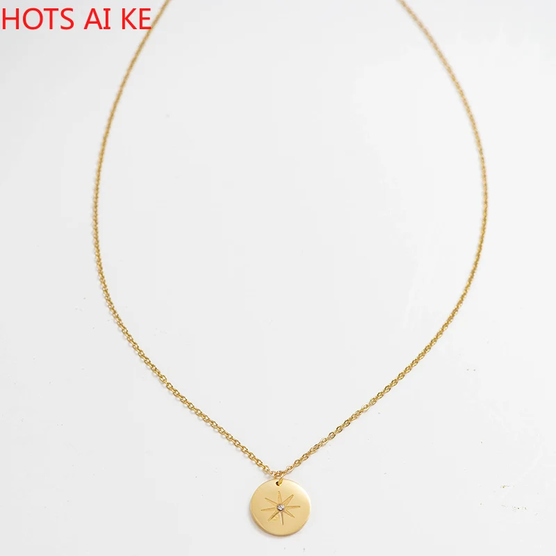 

Fever&Free Simple Gold Round Disc Pendant Necklace For Women Stainless Steel Star Shape Crystal Charm Necklaces Fashion Jewelry