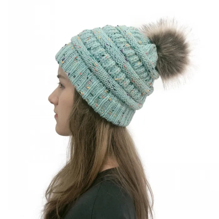 lightblue pom ball Женские зимние теплые шапки бини с милым искусственным мехом помпонами, вязаные шапки Skullies, уличные повседневные Лыжные шапки - Цвет: lightblue pom ball