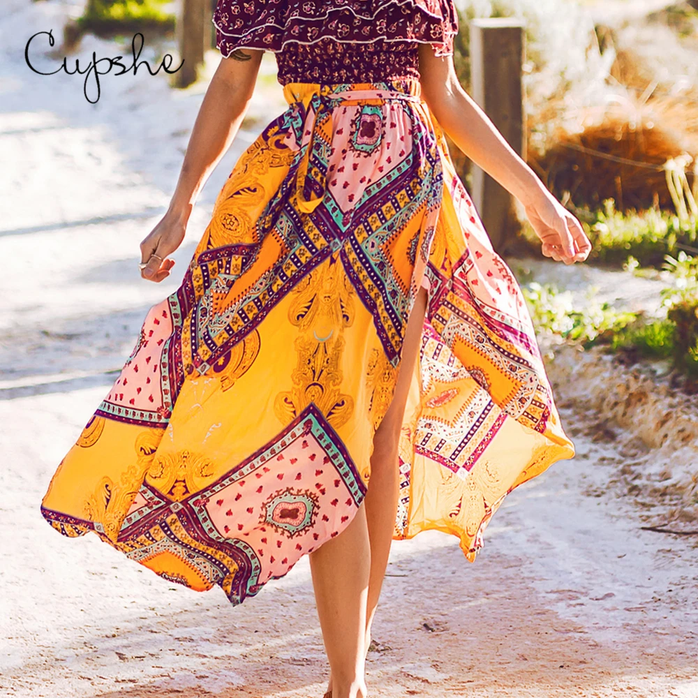 CUPSHE винтажная макси юбка 2019 Boho пляжная Летняя женская богемная желтая Лоскутная
