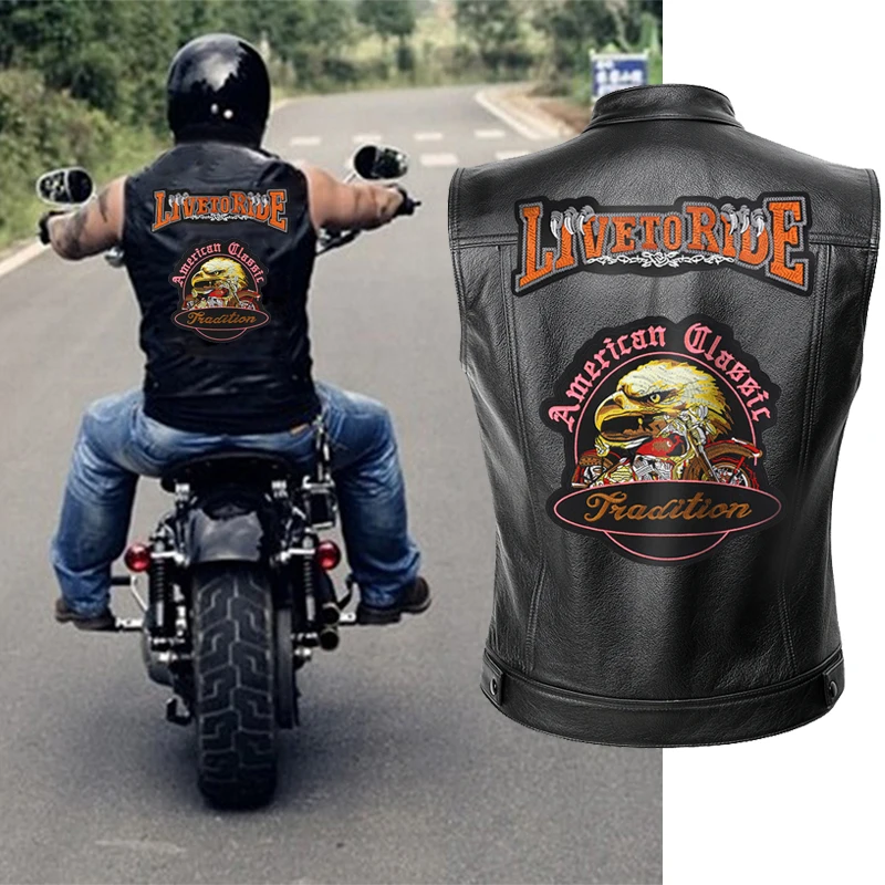 

Live To Ride Motorcycle Leather Vest Jacket Mens Spring Jackets Black Motorrad Gilet Plus Size
