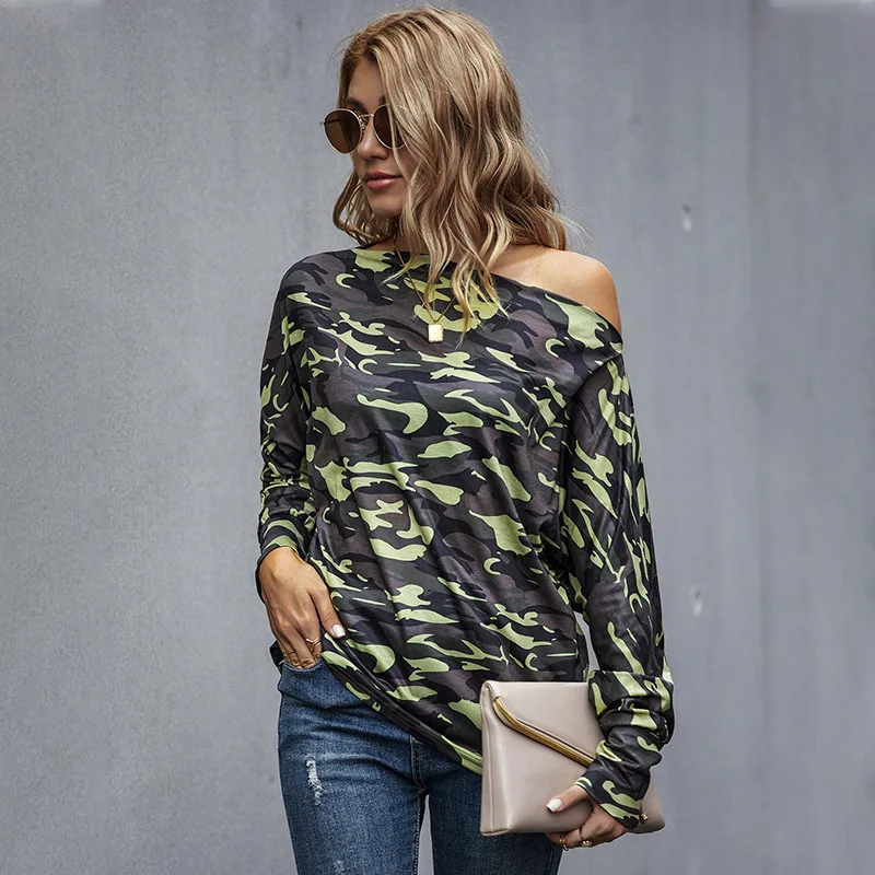 

New off shoulder camouflage knitted loose bottomed shirt women's and long sleeve T-shirt summer top Free shipping