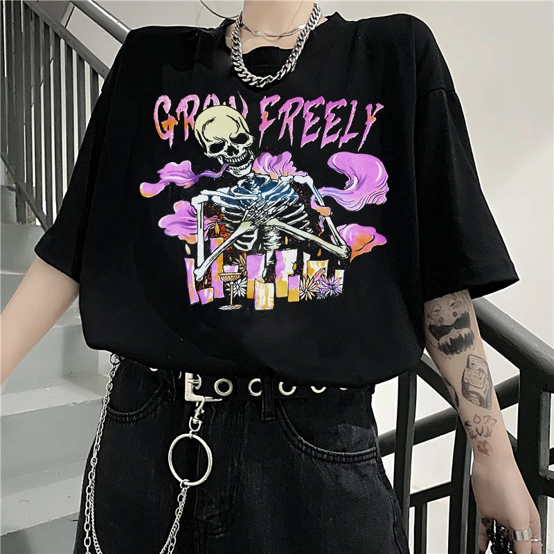 Summer Goth Female Tee Aesthetic Loose men and womenT-shirt Punk Dark Grunge Streetwear gothic Top T-shirts Harajuku y2k Clothes | Женская