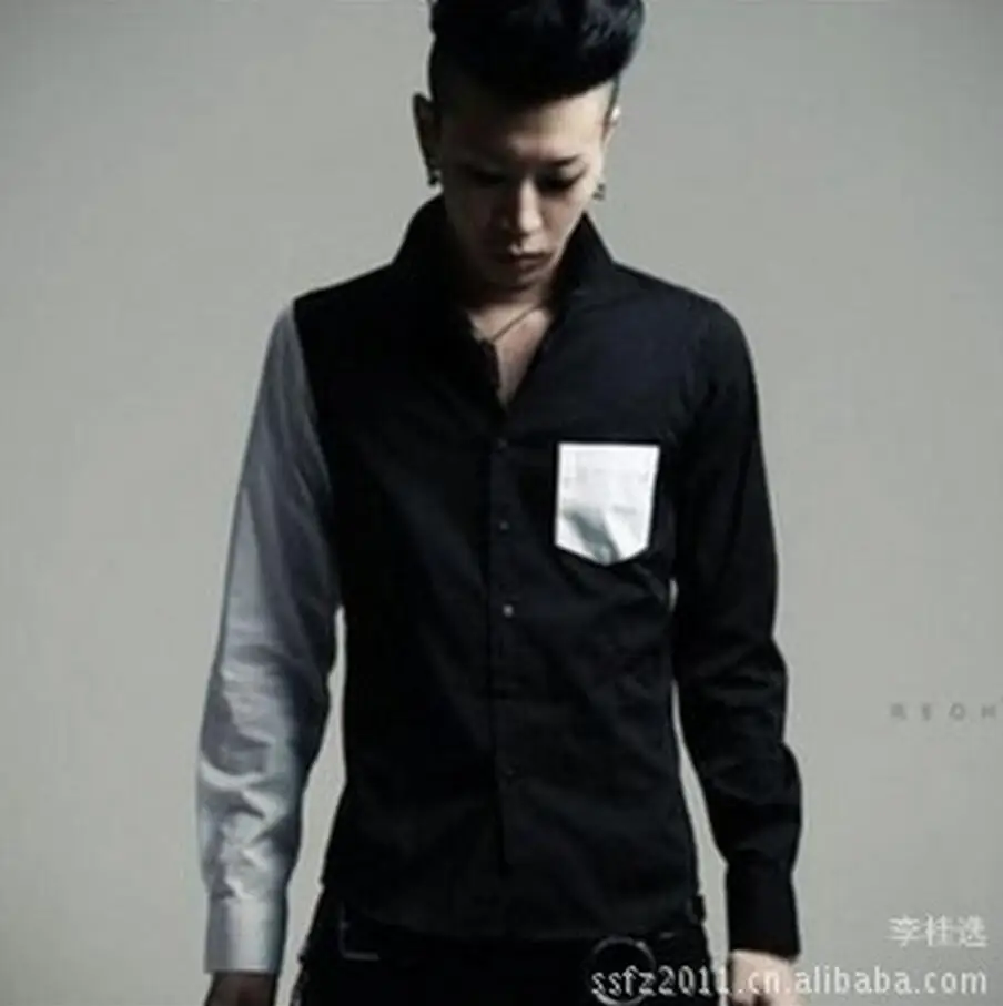 

Korean Free Shipping Version Of The New Personality Black And White Spell Slim Long-sleeved Men Shirt / S-2xl