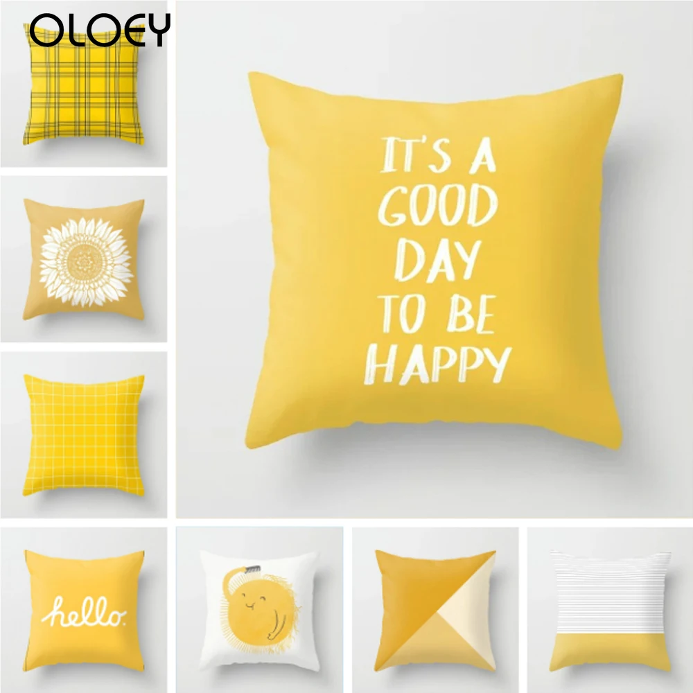 Желтый чехол для подушки из полиэстера в клетку с цветочным узором принтом виде