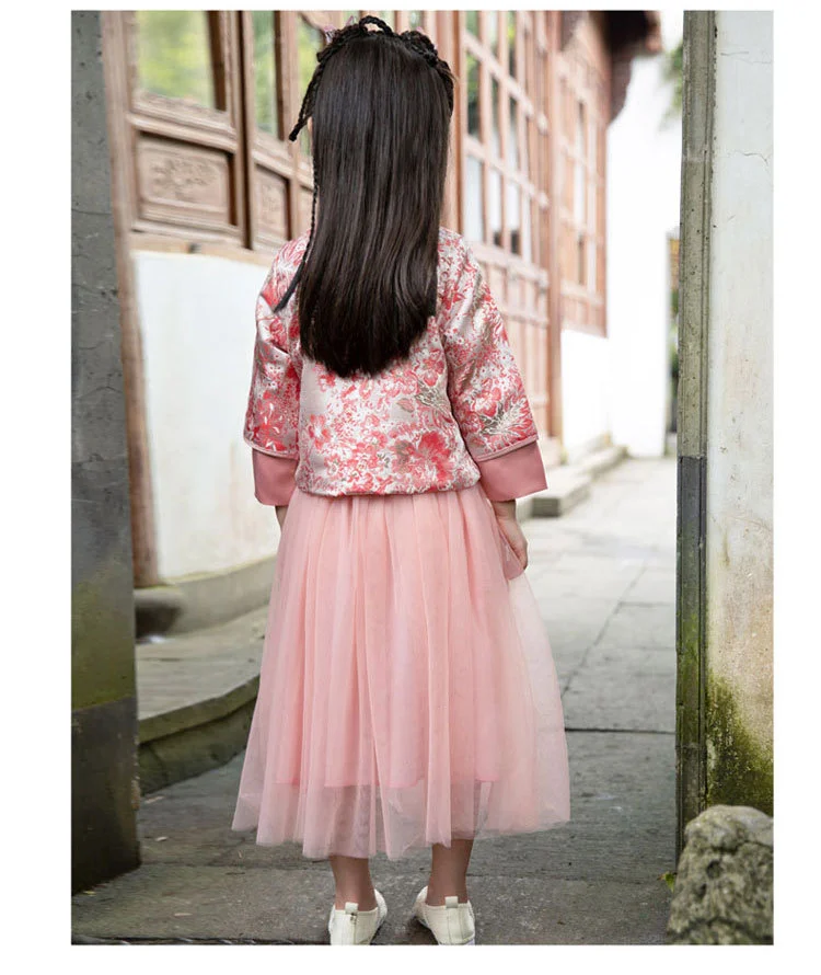 Roadfisher Photography Props Chinese Traditional Coat Dress Peony Suit Hanfu Costume Clothing Little Girl Princess Children Kids |