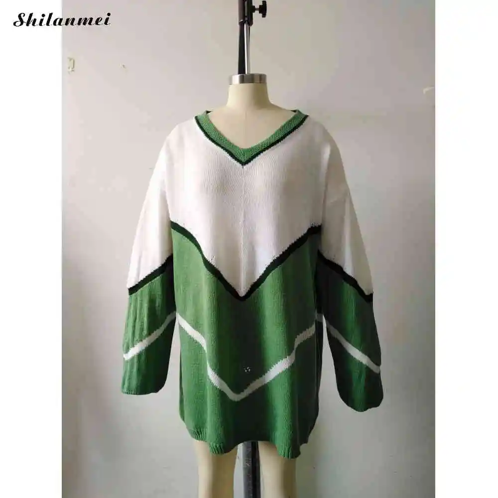 

Women Striped Sweater Pullovers Long Sleeve V Neck Long Knitted Sweaters Women Fashion Loose Casual Knitwear Streetwear Jumper