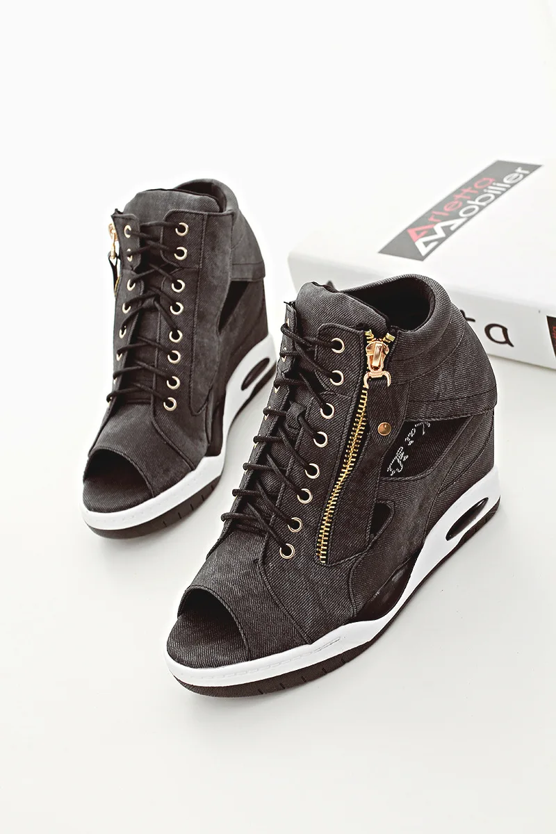 

Fashion Wild Wedge Heel Denim Women's Shoes Summer New Lace-up Women's Sandals Fish Mouth Open Toe Sandals Non-slip Flat Shoes