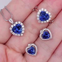 real lab grown sapphire ring pendant necklace stud earrings heart cut blue gemstone sapphire jewelry set for women s925 silver