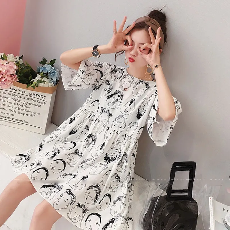 2019 летнее женское повседневное мини платье с О образным вырезом и шнуровкой Kawaii