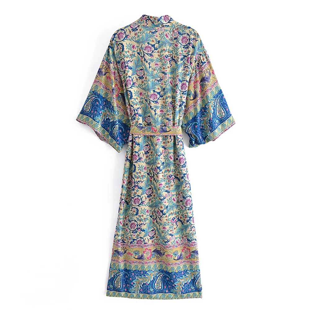 Vintage Chic Women Floral Print Bat Sleeve Beach Bohemian Kimono Happie Dress Ladies V Neck Summer Boho Robe Cover-up | Женская одежда