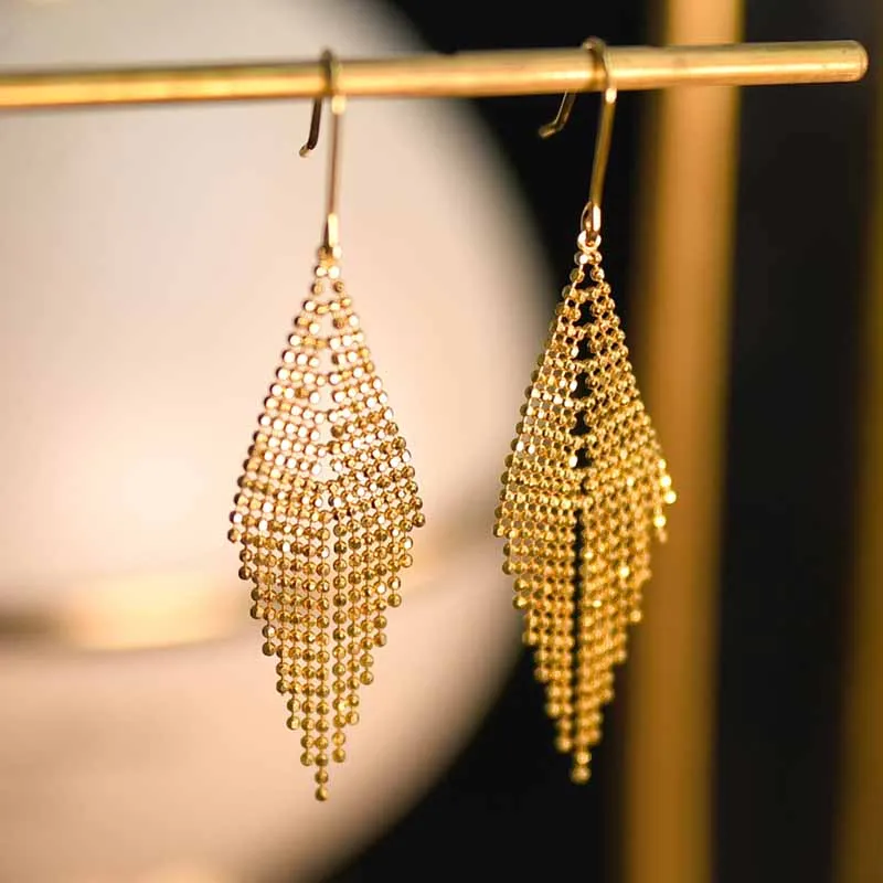 

XF800 Genuine 18K Gold AU750 Stud Earrings For Women Tassel Classic Fashion Party Fine Jewelry 2021 E512