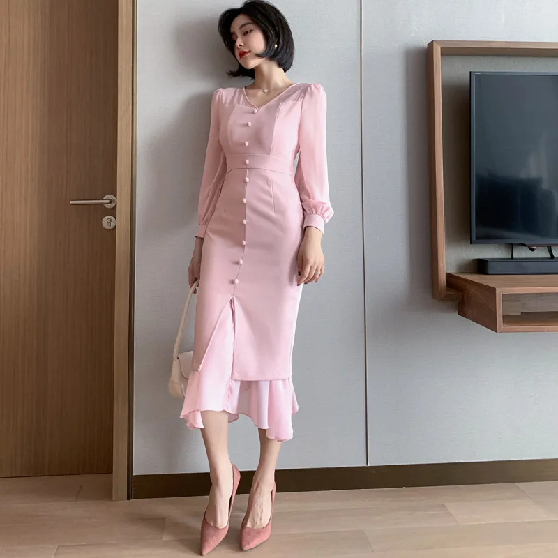 2020 весеннее элегантное шифоновое платье с v-образным вырезом и пышными рукавами в