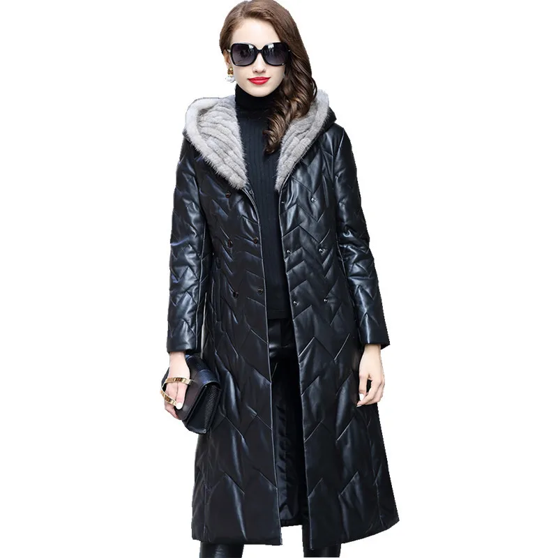 

2020 Genuine Leather Jacket Real Sheepskin Coat Natural Knitted Mink Fur Hooded Long Women's Down Jackets HQ18-CJX0095B
