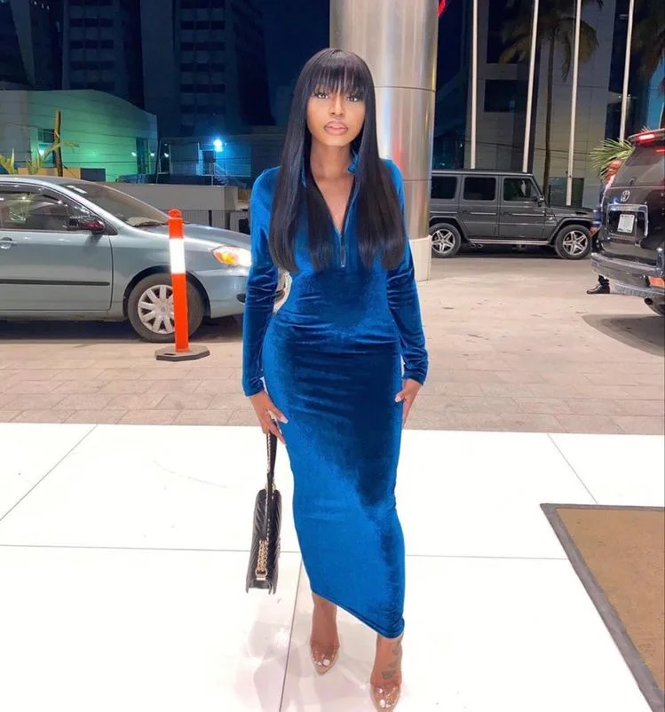 

Autumn Winter Dress Solid Color Fashion Sheath Warm Velvet Dress Women's Clothing V Neck Elegant Slim Long Dresses Vestidos