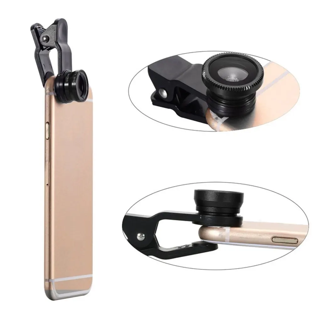 

3-in-1 Wide Angle Macro Fisheye Lens Camera Kits Mobile Phone Fish Eye Lenses with Clip 0.65x for iPhone Samsung All Cell Phones