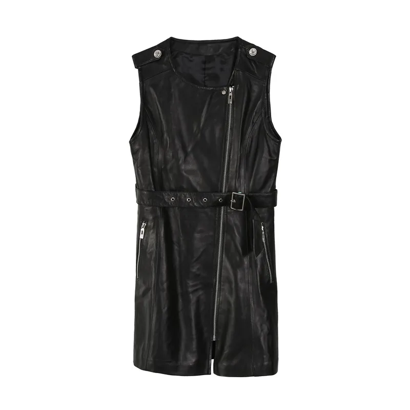 

Genuine Motorcycle Bikers Leather Dress Women Punk Style Zipper O Neck Sleeveless Black Dresses Sashes Slim Streetwear Female