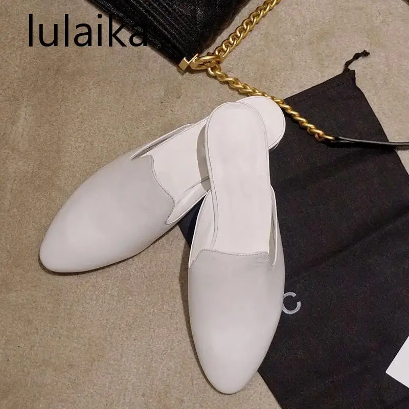 

2021 Fashion Muller Shoes New Summer Genuine Leather Metal Decoration Low Heel Casual Flat Baotou Half Slippers Women Sandals