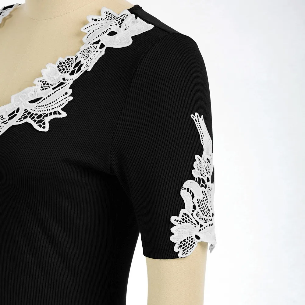 

Casual Tee Shirts Women Ribbed Knitted T-Shirt Short Sleeve V-Neck Lace Crochet Decorated Tops Elegant Fit Soft Summer Tshirt