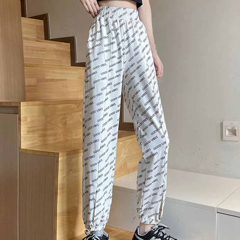 

Повседневные шаровары с надписью, женские летние спортивные брюки в Корейском стиле с высокой талией, подходящие ко всему свободные брюки д...