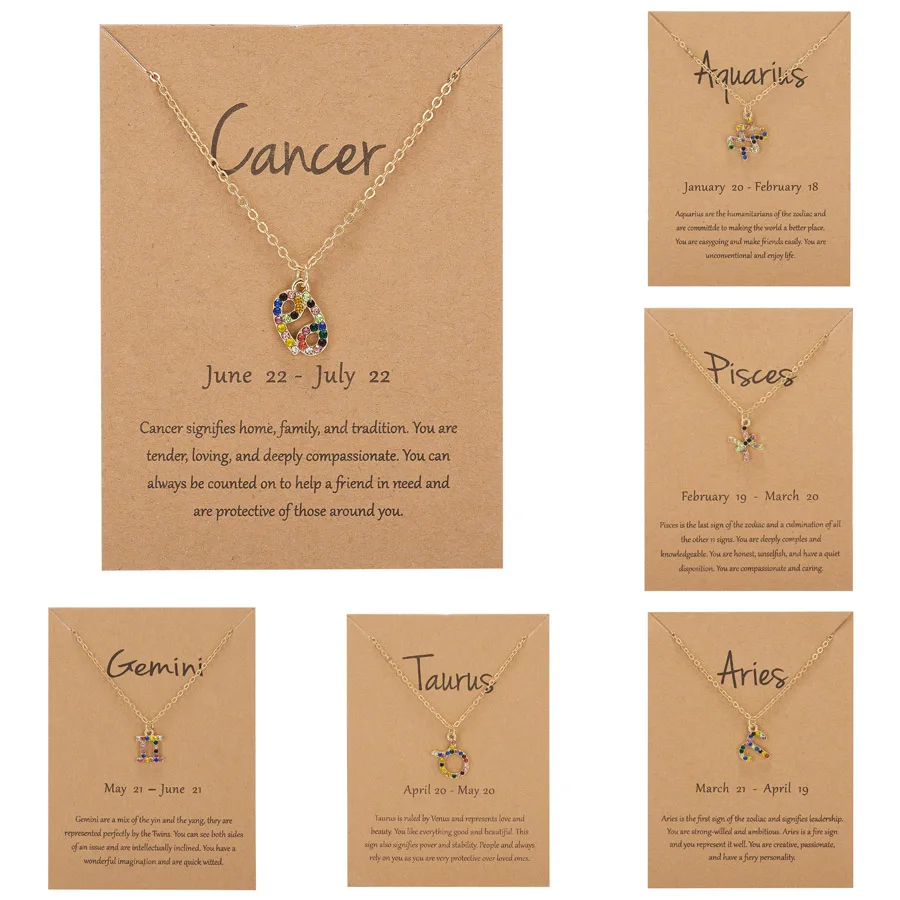

12 Constellation Colorful Crystal Necklace For Women Zodiac Sign Gold Chain Necklace With Wish Card Birthday Party Jewelry Gifts