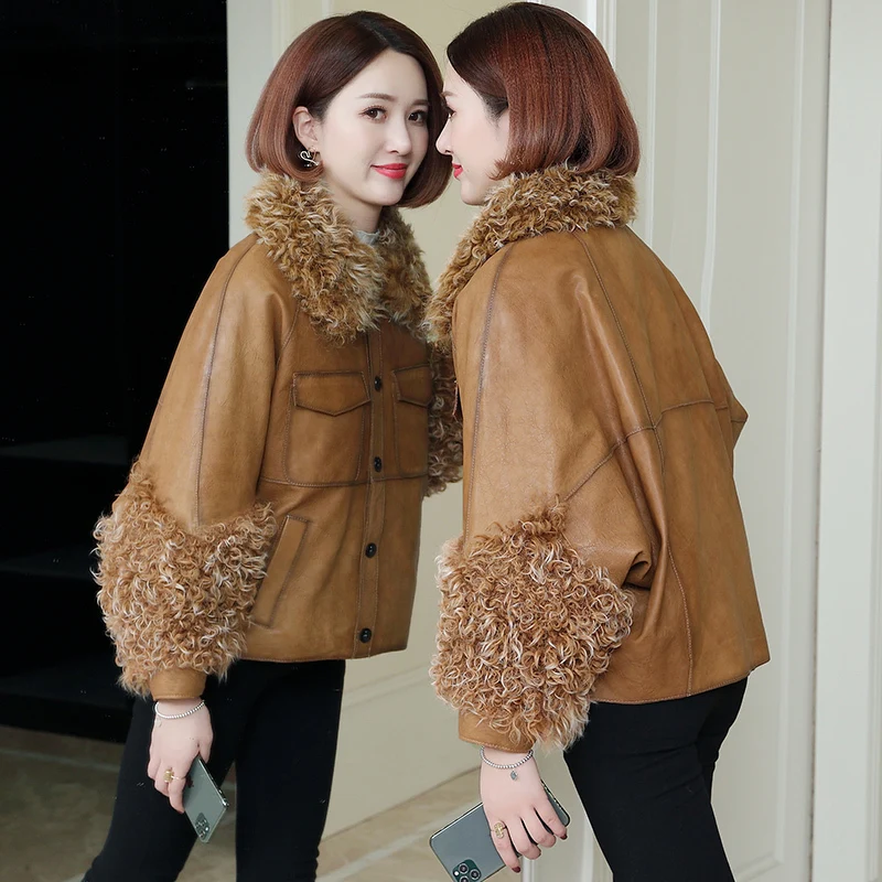 Женская винтажная куртка из натуральной овечьей кожи пальто с воротником