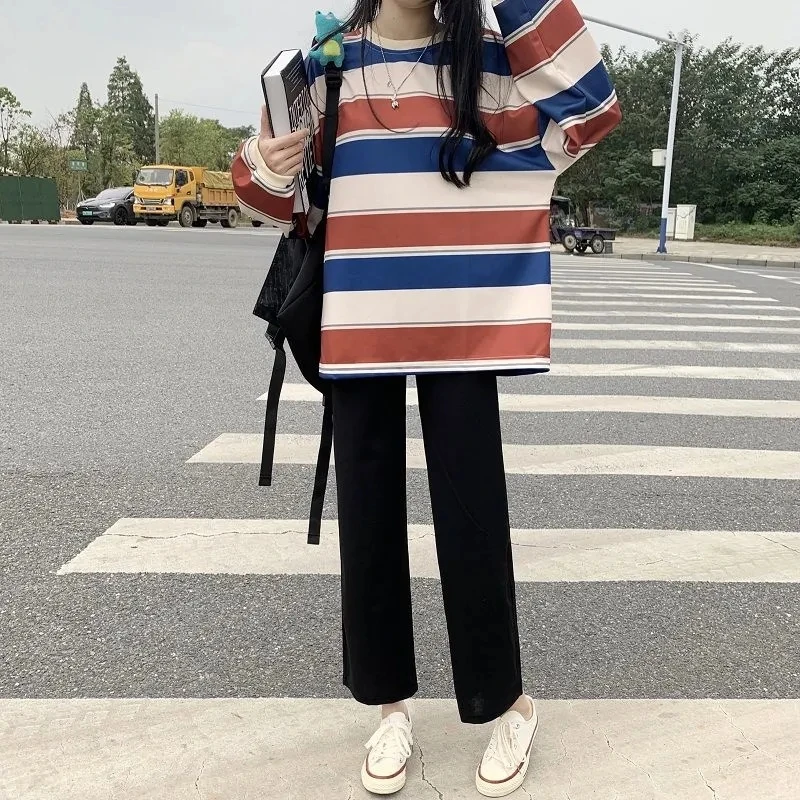 

Striped sweater College Korean Fashion Style Sweatshirts Long Sleeve Loose Simple Autumn Streetwear Oversized Jacket Women