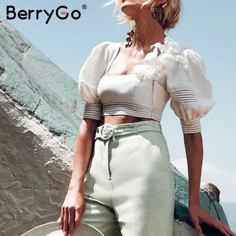 BerryGo женские белые платья из двух частей элегантные открытые с пышными рукавами