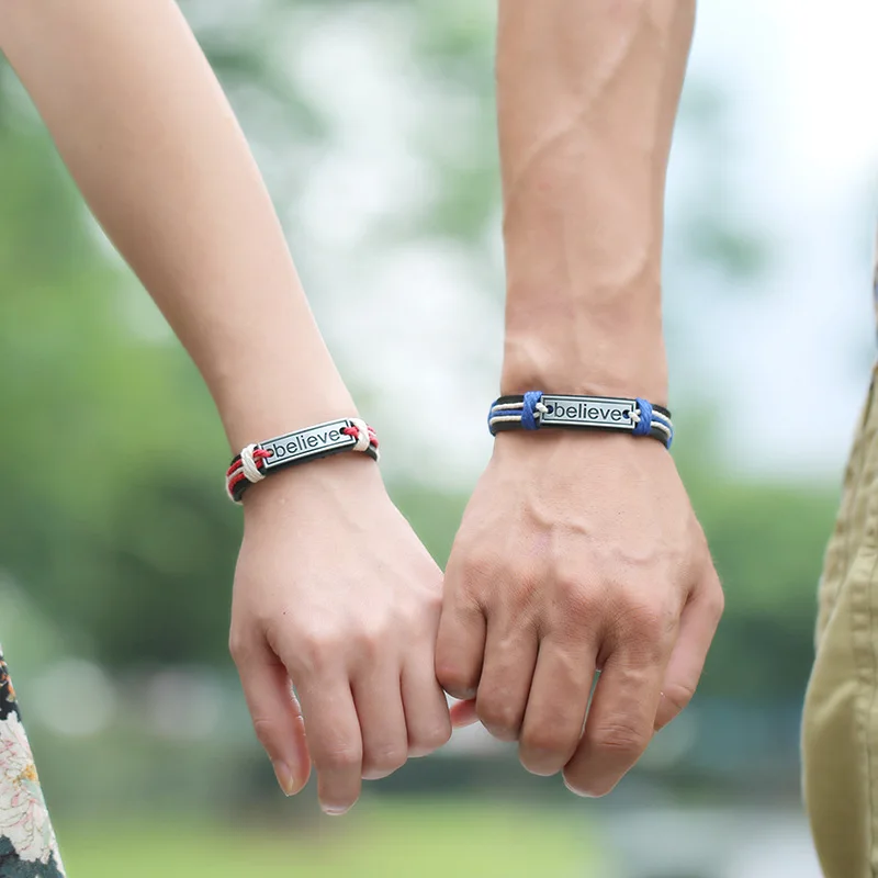 Модные красные/синие браслеты из натуральной кожи для пар верные прямоугольные