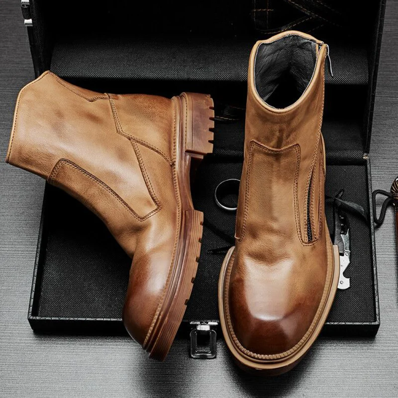 

Mens New Genuine Leather Fashion Boots British Style Zippers Non-Slip Spliced Outdoor Vintage Round Toe Biker Ankle Boot