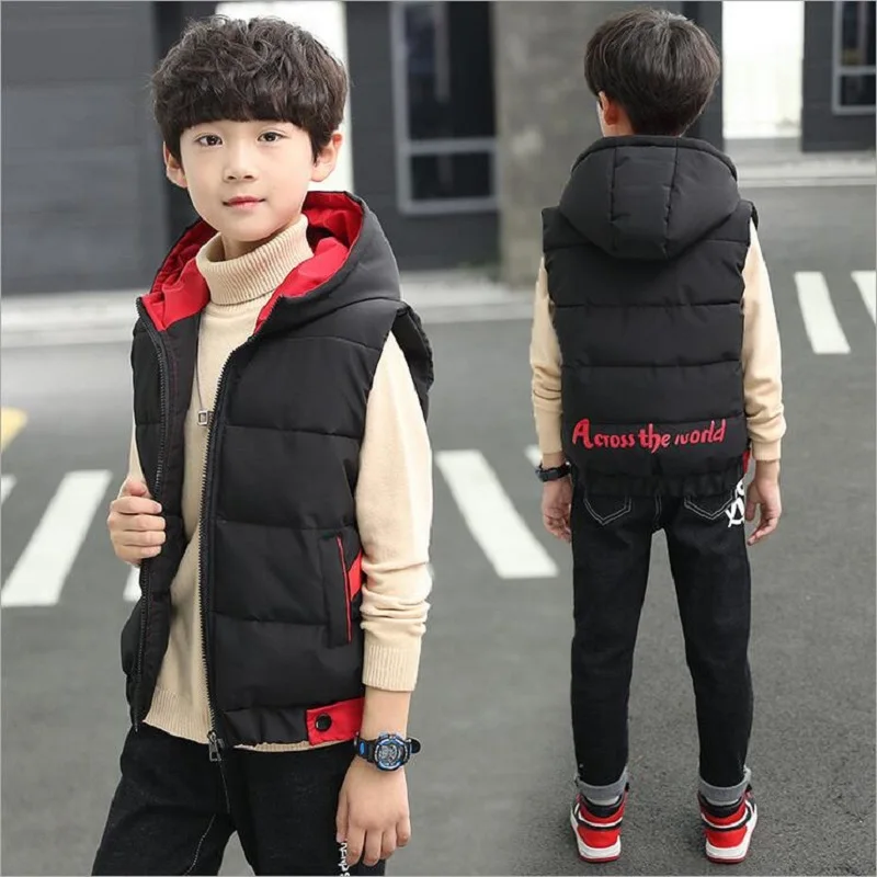 

Children's Vest Clothes Print Cotton Vest For Boys Autumn Winter Warm Hooded Thicken Waistcoat For Kids Gilet Fille Coats 4-15Y