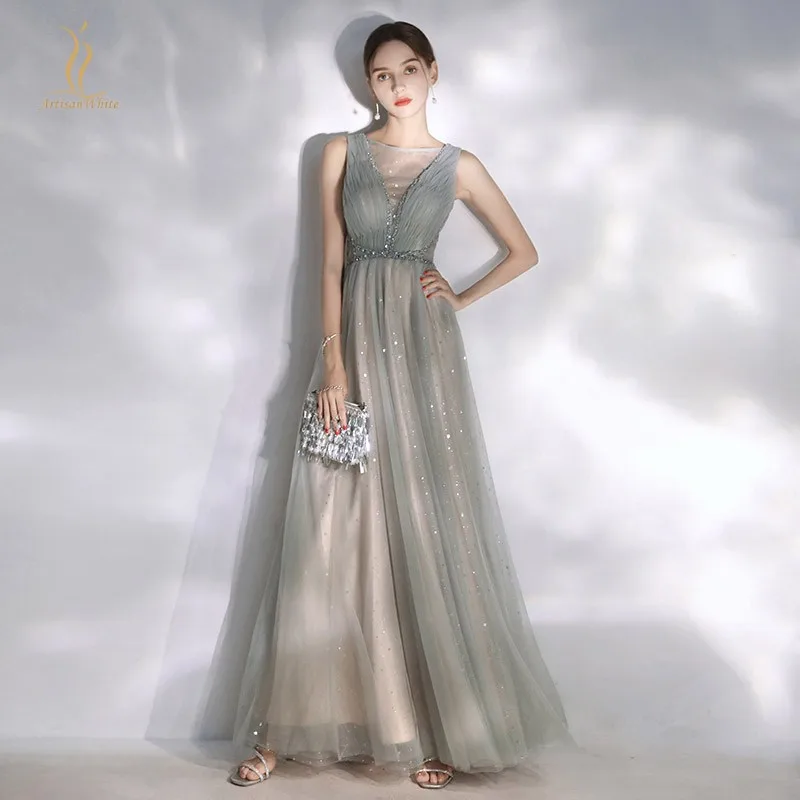 Элегантные вечерние платья серого цвета из тюля с ошеломляющим бисером Длинные