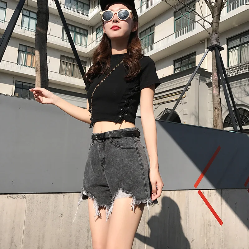 

Black Denim Shorts Women 2021 Summer New High Waist Loose Raw Edge Wide Leg Ripped Hot Jeans Tassel Streetwear Hip-Hop Style