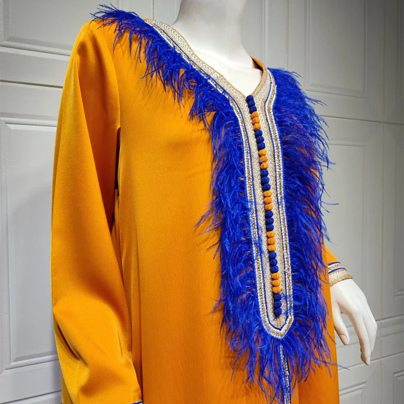 Женское атласное платье с перьями Galabia креп Марокканское арабское для женщин