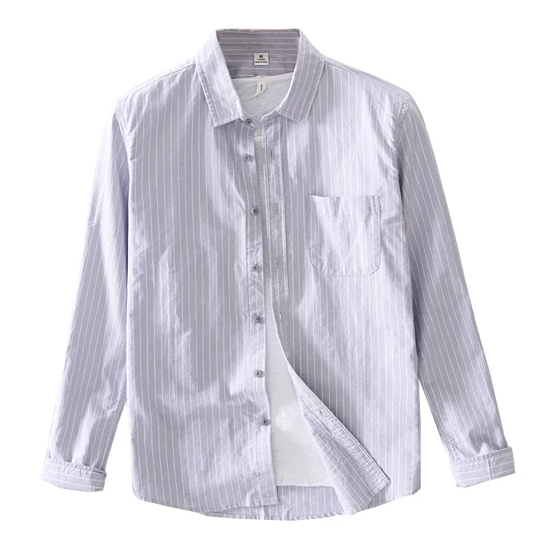 

Men's Spring Autumn Fashion Japan Style Striped Casual Turn Down Collar Shirts Mens Single Breasted Cotton Pockets Simple Tops