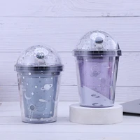 unisex double layer straw cup creative space wandering theme heat insulated plastic bottle water cup for household office cup