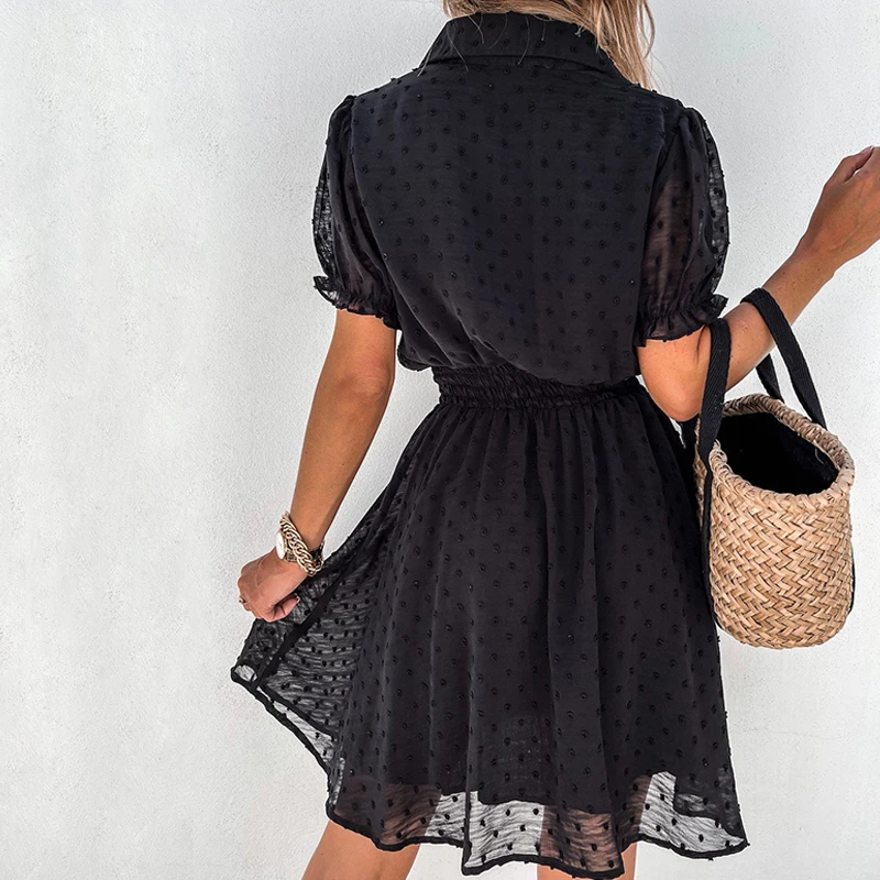 

Summer White Chiffon Shirt Dress V Neck Women Casual Elastic Waist Office A Line Dress Lady Elegant Black Dot Party Vestido 2021