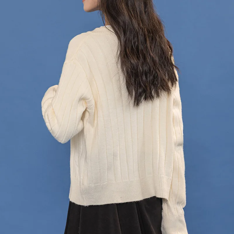 

Women Fashion Korean Knitted Cardigan Vintage Long Sleeve Singlr Breasted Round Collar Solid Color Cardigan Sweater Female