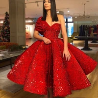 smileven red short evening dress ball gown one shoulder sequin prom gowns ankle length robe de soiree evening party dresses