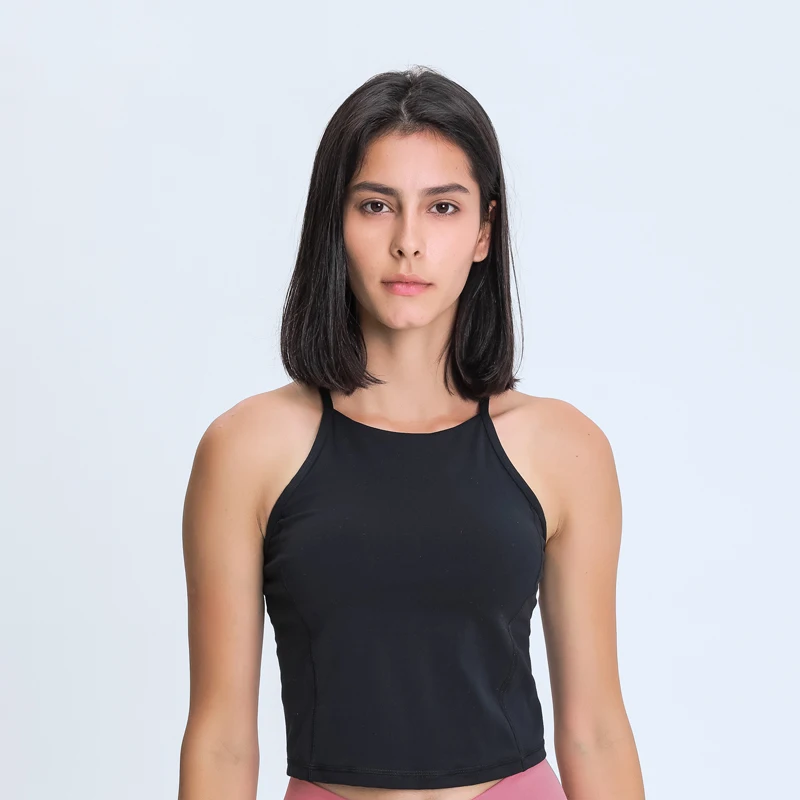 

Nepoagym BENO Women Sleeveless Crop Tank Top with Shelf Buit In Bra Longline Sports Bra Naked Feel Racerback