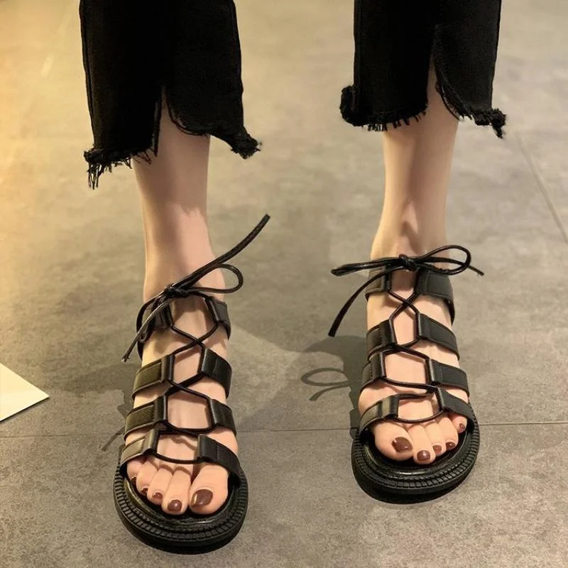 

Women Gladiator Lace-up Fashion Lady Shoes Cross-strap Solid Thick Heel Open Toe Roman Shoe Women's Sandals Sandalias