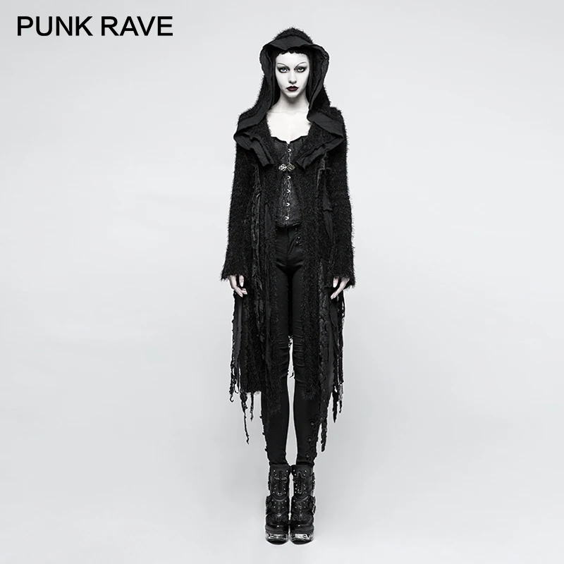 Женский Длинный тренчкот в стиле панк-рейва черное асимметричное вязаное