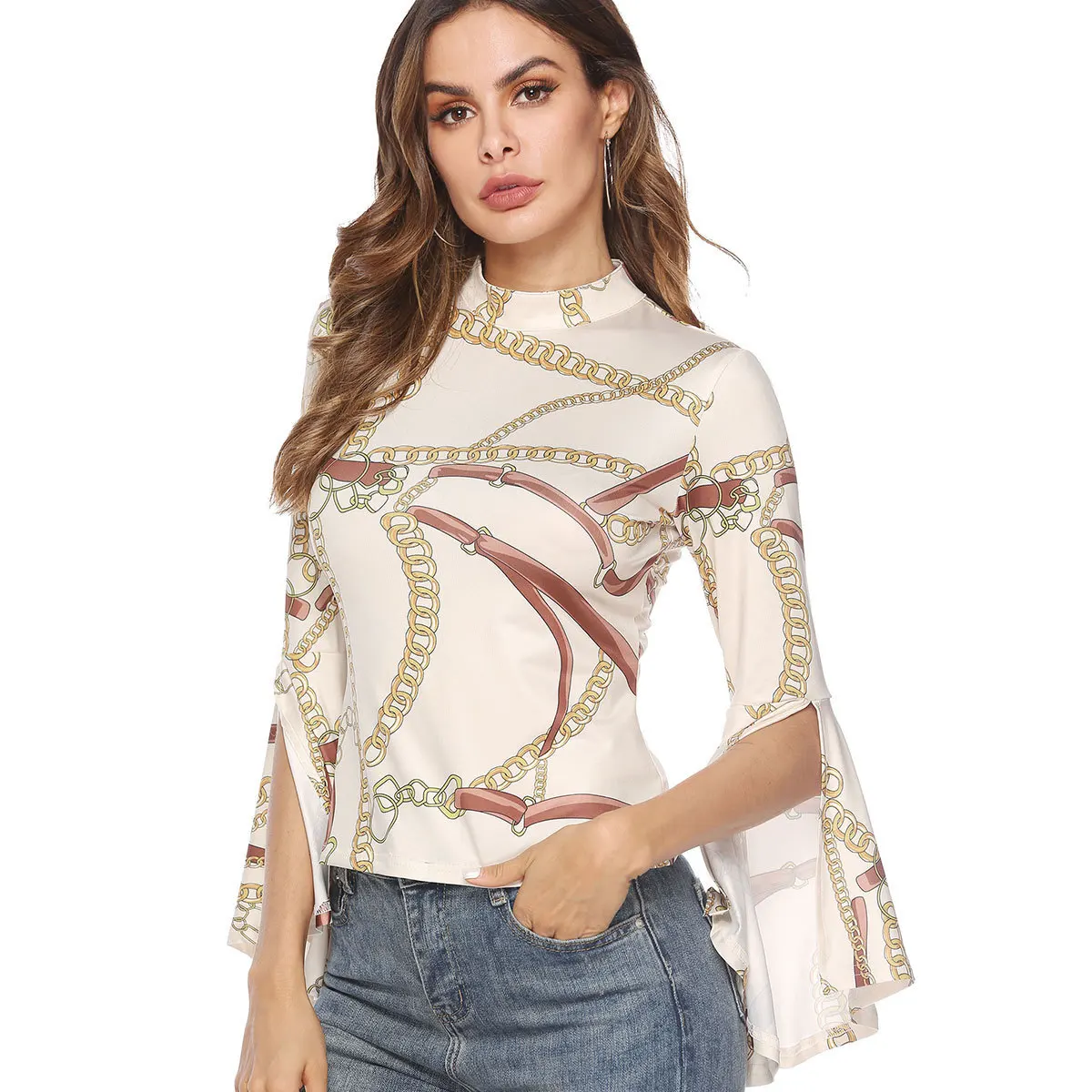 Женская футболка с длинным Расклешенным рукавом сексуальная летняя открытой