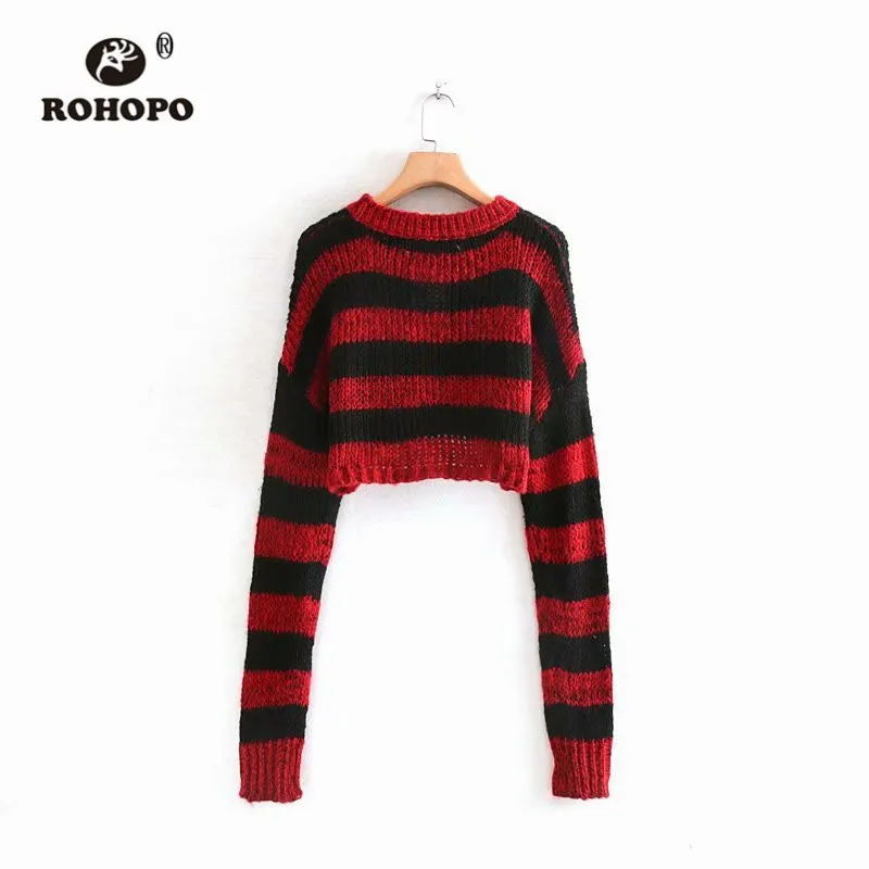 ROHOPO круглый воротник крест черный красный полосатый укороченный свитер осень