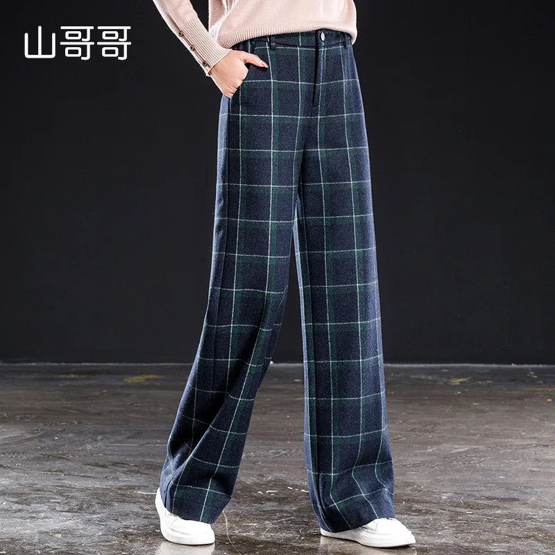 Женские прямые шерстяные брюки в синюю клетку свободные длинные с широкими