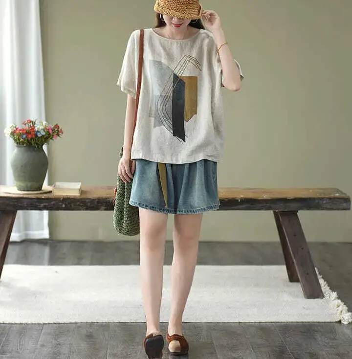 

2021 Summer New Arts Style Women Short Sleeve O-neck Loose T-shirt Vintage Cotton Linen Print Tee Shirt Femme Big Size Tops